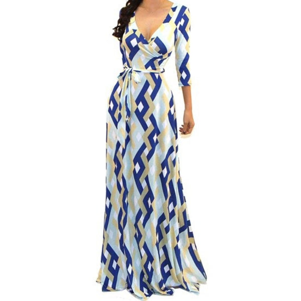 Got Style Blue Gray Links Pattern Faux Wrap Evening Casual Party Maxi Dress