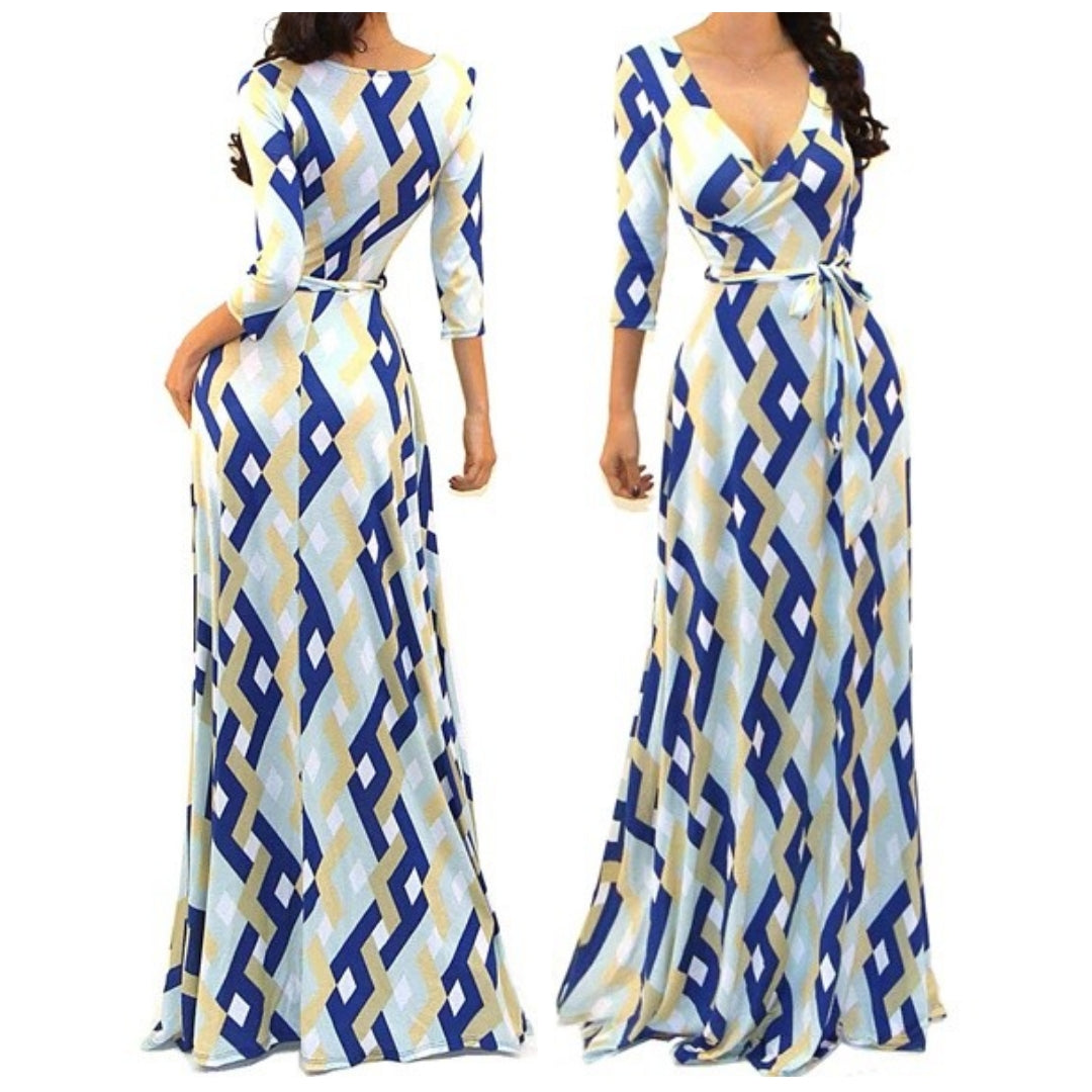 Got Style Blue Gray Links Pattern Faux Wrap Evening Casual Party Maxi Dress