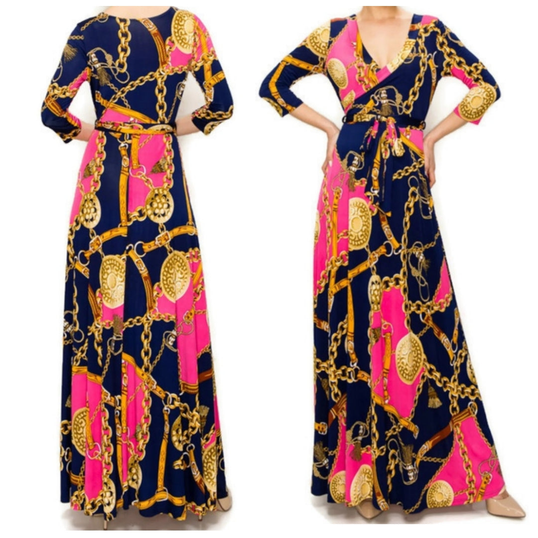 Pink Gold Chain Buckle Tassel Faux Wrap Maxi Dress