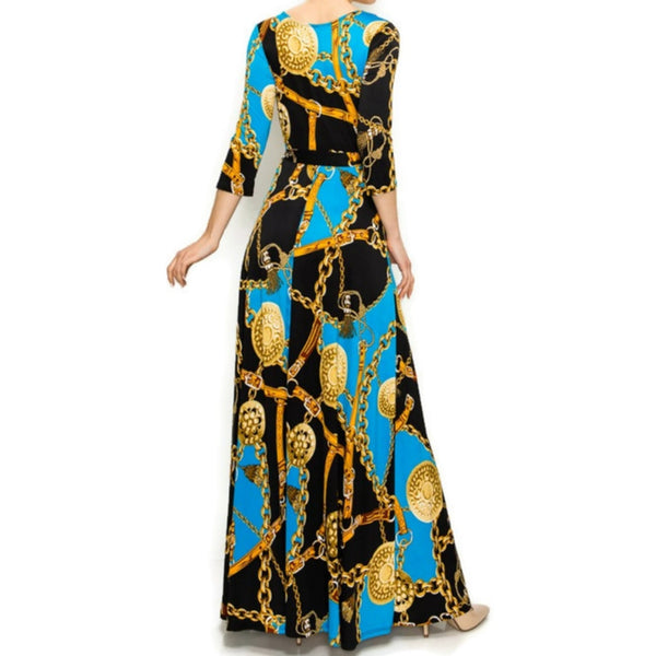 Blue Gold Chain Buckle Tassel Faux Wrap Maxi Dress