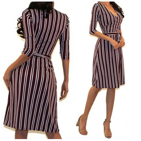 Got Style Burgundy White Stripe Faux Wrap Midi Dress