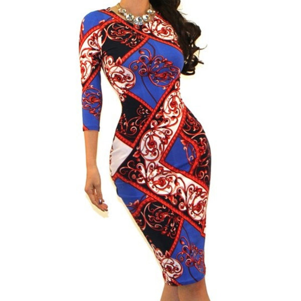 GS Blue Red Swirl Pattern Bodycon Party Cocktail Dress