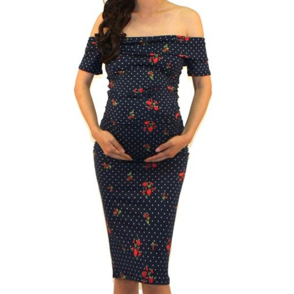 Got Style Navy Red Rose Off Shoulder Ruched Fitted Maternity Midi Dress