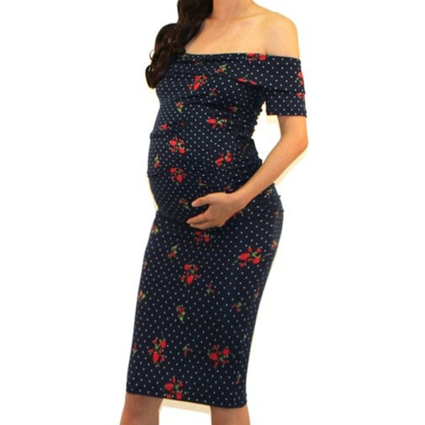Got Style Navy Red Rose Off Shoulder Ruched Fitted Maternity Midi Dress