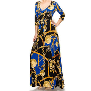 Royal Blue Gold Chain Buckle Tassel Faux Wrap Maxi Dress