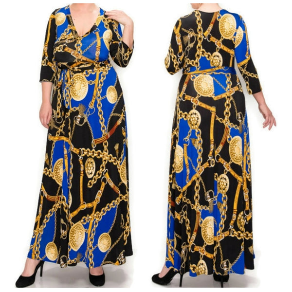 Royal Blue Gold Chain Buckle Tassel Faux Wrap Maxi Dress