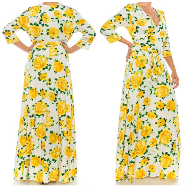 Ivory Yellow Floral Faux Wrap Plussize Maxi Dress