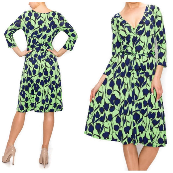 Lime Navy Leaves Faux Wrap Knee Length Dress