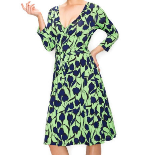 Lime Navy Leaves Faux Wrap Knee Length Dress