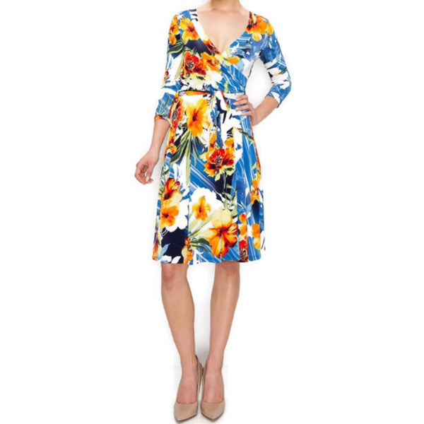 Hibiscus Faux Wrap Knee Length Dress