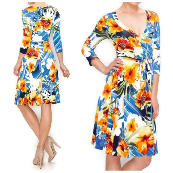 Hibiscus Faux Wrap Knee Length Dress