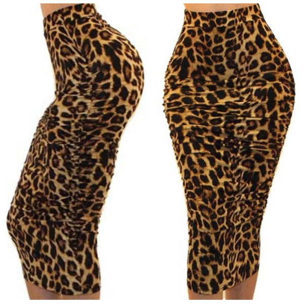 Got Style Leopard Ruched Frill High Waist Mid Calf Bodycon Casual Pencil Skirt