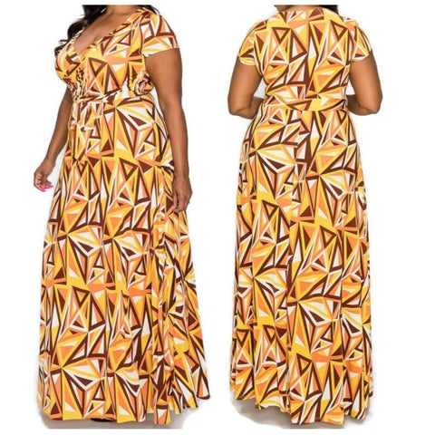 Mustard Brown Mirror Faux Wrap Maxi Plussize Dress