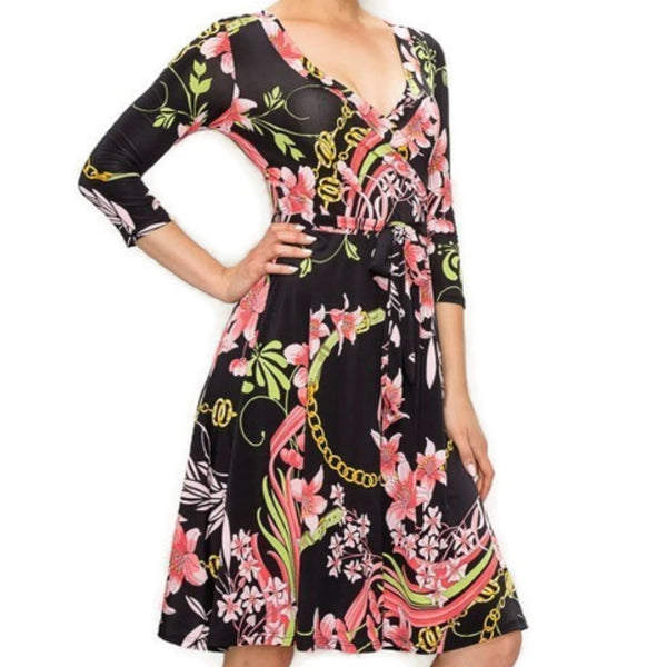 Black Pink Floral Chains Faux Wrap Knee Length 3/4 Sleeve Dress