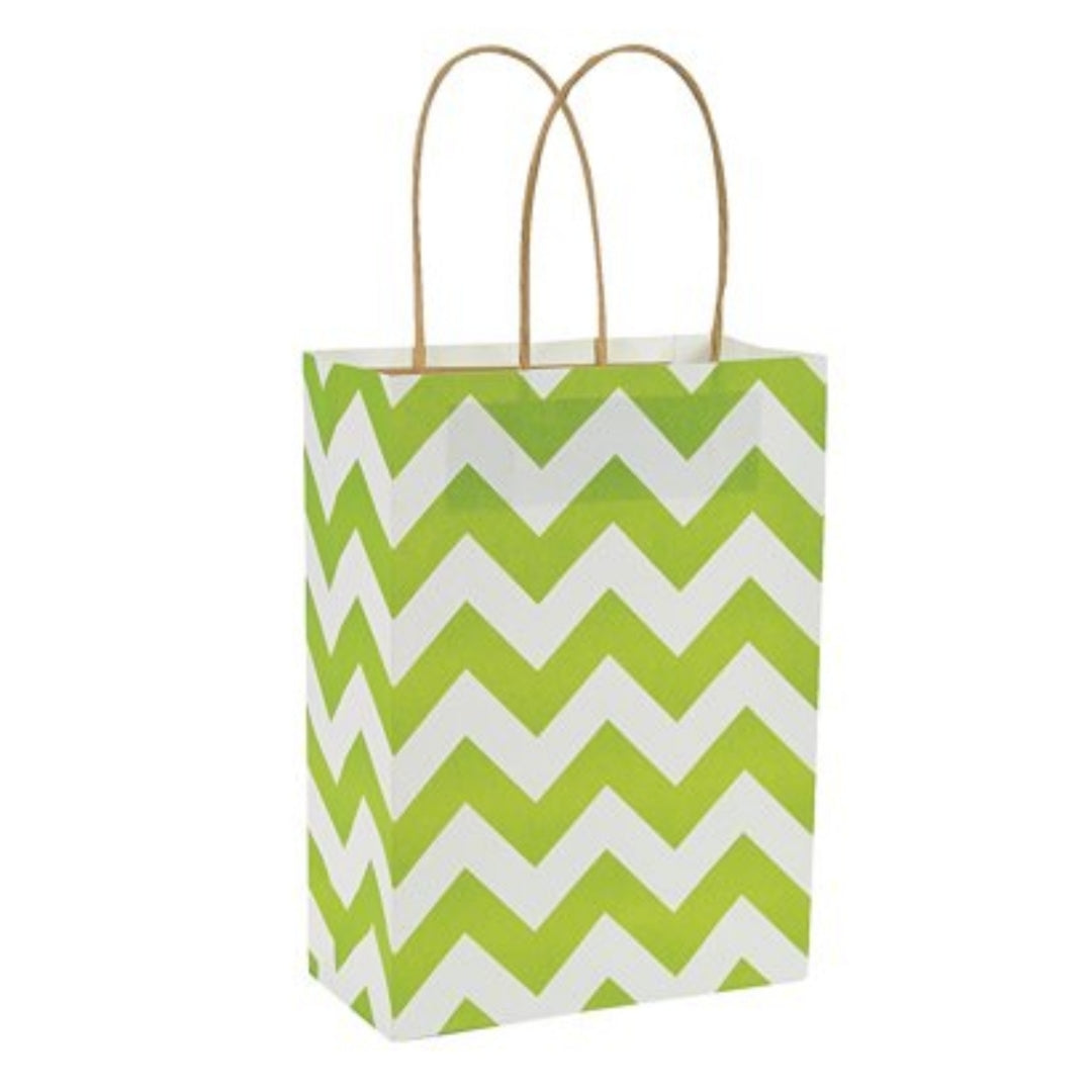 Lime White Chevron Kraft Handle Paper Party Favor Wedding Gift Bags - Set of 6