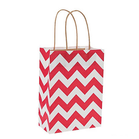 Red White Chevron Kraft Handle Paper Party Favor Wedding Gift Bags - Set of 21