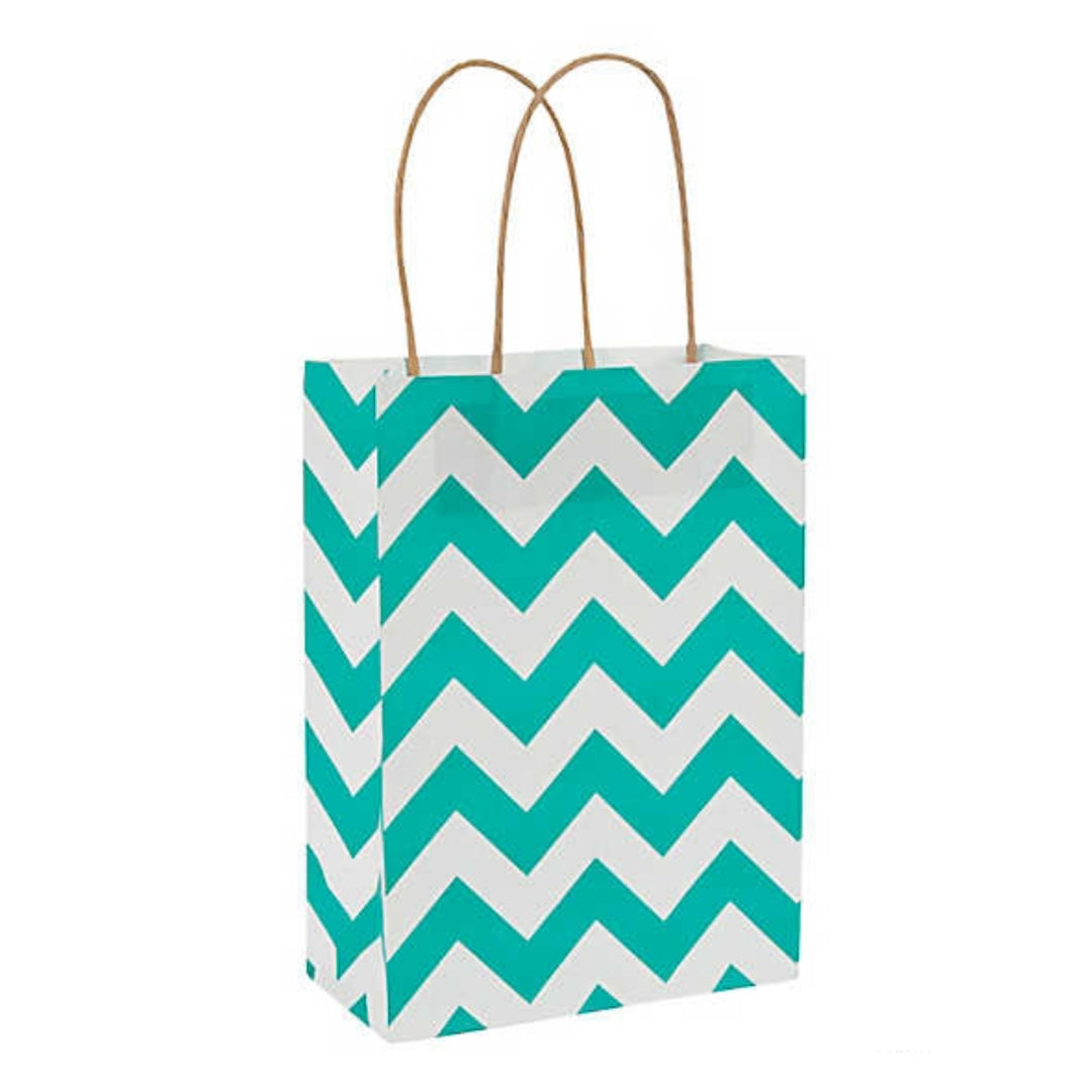 Turquoise White Chevron Kraft Handle Paper Party Favor Wedding Gift Bags - Set of 15