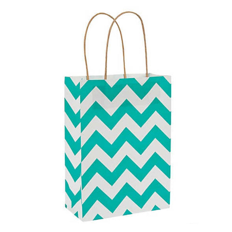 Turquoise White Chevron Kraft Handle Paper Party Favor Wedding Gift Bags - Set of 15