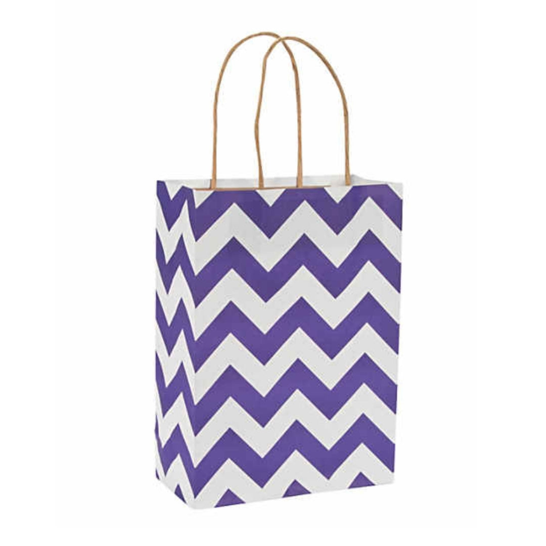 Purple White Chevron Kraft Handle Paper Party Favor Wedding Gift Bags - Set of 18