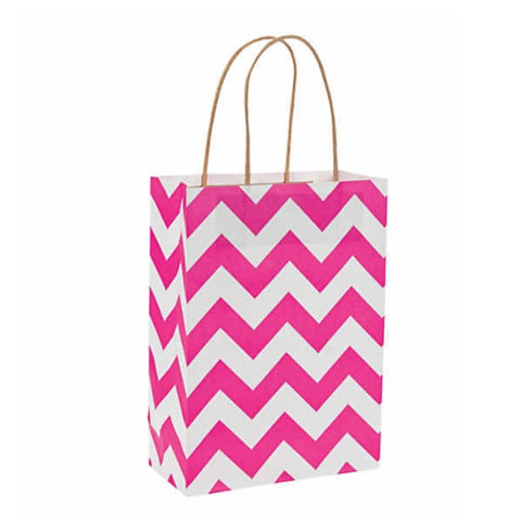 Pink White Chevron Kraft Handle Paper Party Favor Wedding Gift Bags - Set of 24