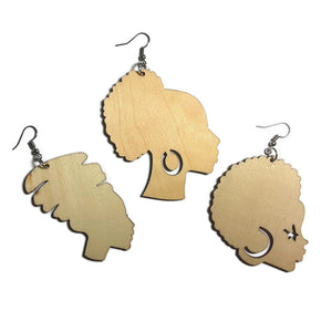 AFRO LADIES Unfinished Ready to Decorate Natural Wood Earrings - Set of 3 Pairs
