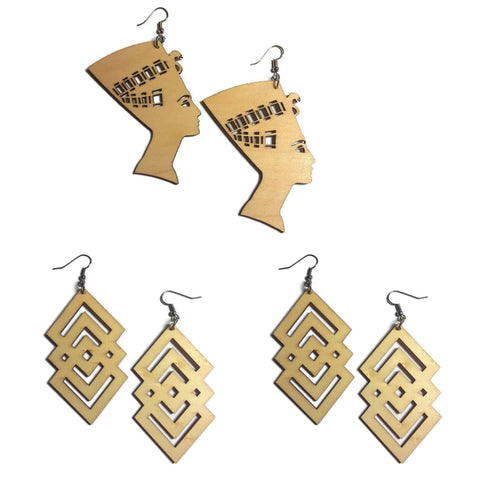 NEFERTITI DANGLE DIAMOND Unfinished Ready to Decorate Natural Wood Earrings - Set of 3 Pairs