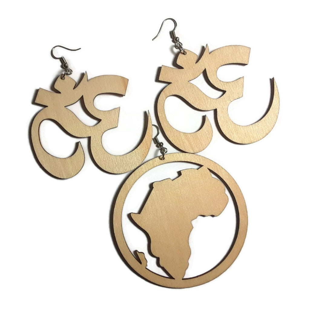 OM SYMBOL AFRICA Unfinished Ready to Decorate Natural Wood Earrings - Set of 3 Pairs