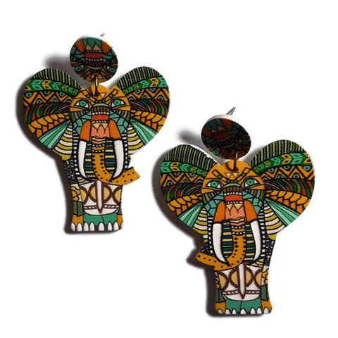 Mosaic Elephant Statement Dangle Wood Earrings