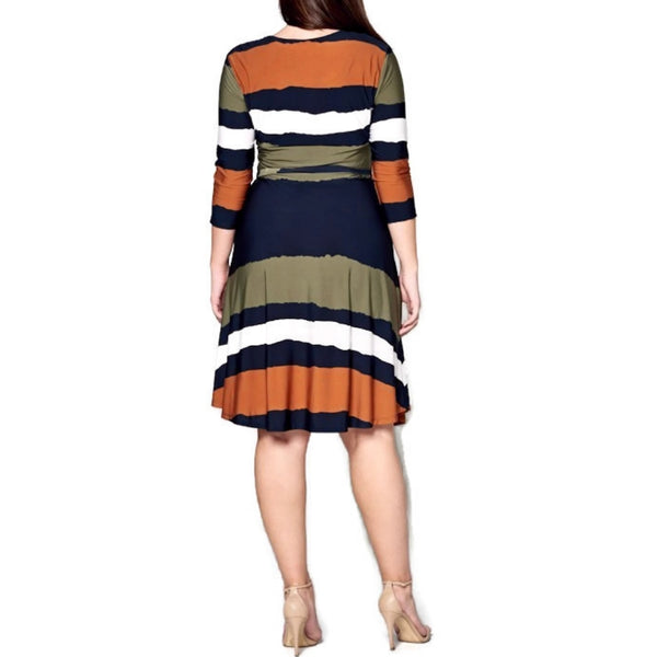 Tua Olive Orange Stripe Navy 3/4 Sleeve Faux Wrap Dress
