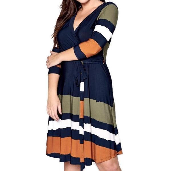 Tua Olive Orange Stripe Navy 3/4 Sleeve Faux Wrap Dress