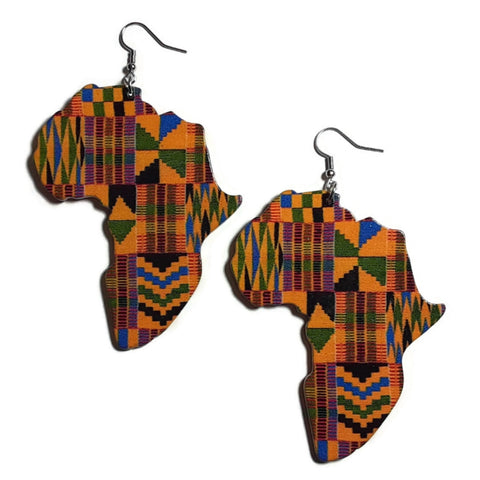 Africa Kente Statement Wood Dangle Drop Earrings