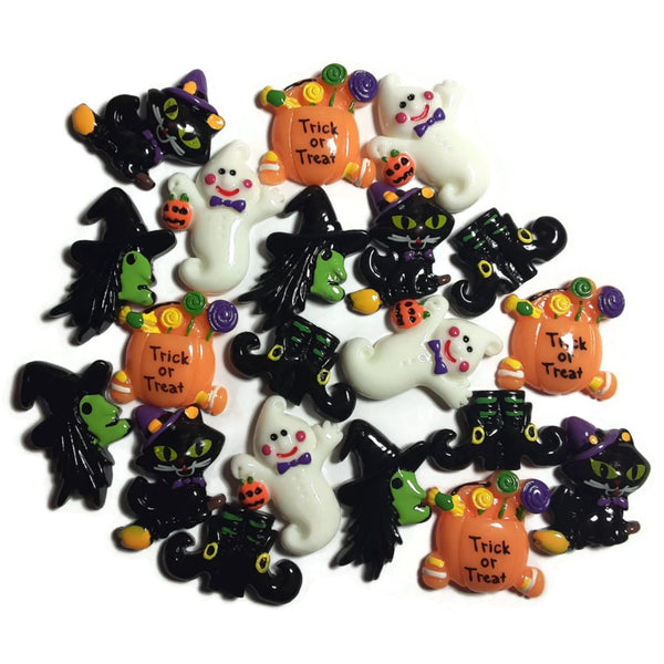 Halloween Witch Trick or Treat Black Cat Flatback Cabochon - Set of 20