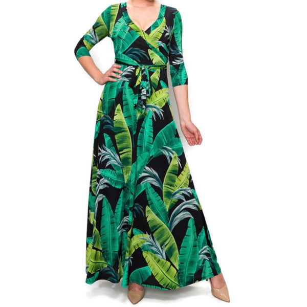 Black Green Banana Leaves Faux Wrap Maxi Dress