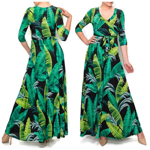 Black Green Banana Leaves Faux Wrap Maxi Dress