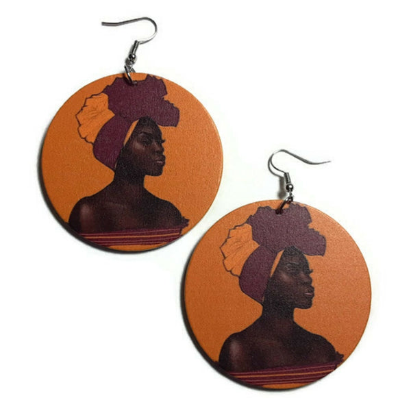 Black Woman Grace Statement Dangle Wood Earrings