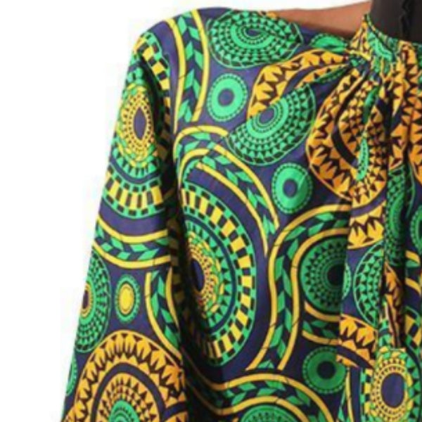 African Green Mustard Blue Print Maxi Skirt with Matching Headwrap