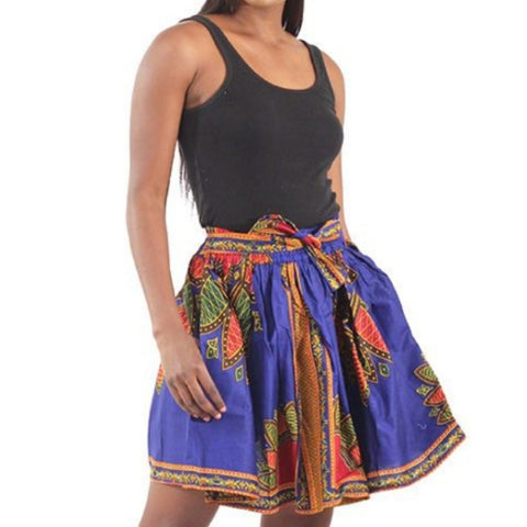 African Traditional Royal Blue Pattern Flare Mini Skirt with Matching Headwrap
