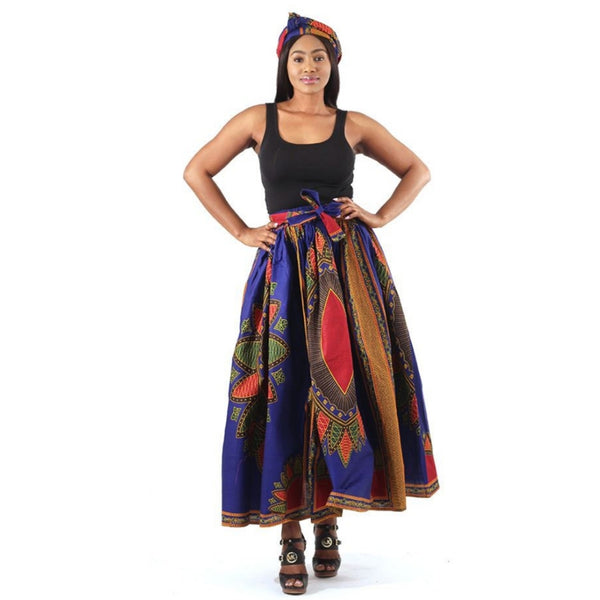 African Traditional Royal Blue Print Maxi Skirt with Matching Headwrap