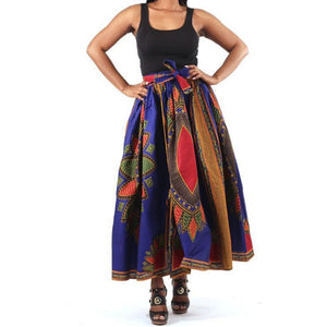 African Traditional Royal Blue Print Maxi Skirt with Matching Headwrap