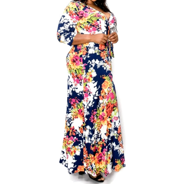Tropical Faux Wrap Maxi Plussize Dress