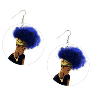 Blue Afro Lady Statement Dangle Wood Earrings