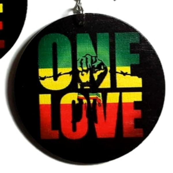 ONE LOVE Power Fist Rasta Statement Dangle Wood Earrings