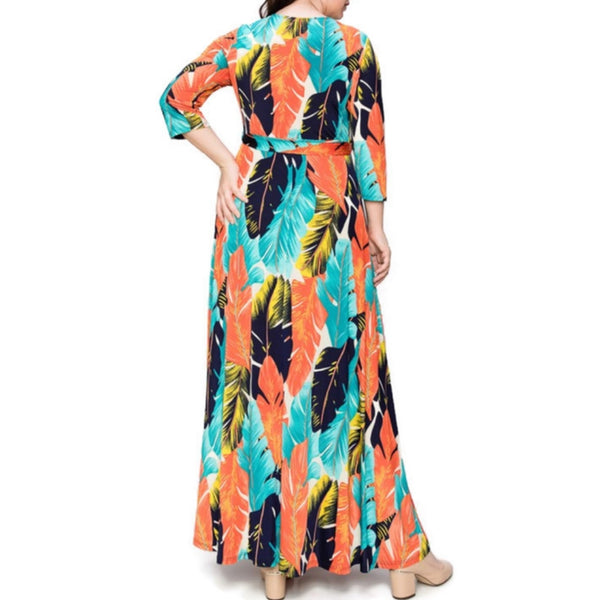 Aqua Orange Palm Tree Leaves Faux Wrap Maxi Plussize Dress