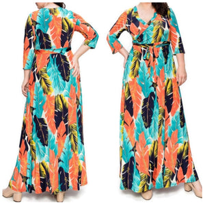 Aqua Orange Palm Tree Leaves Faux Wrap Maxi Plussize Dress