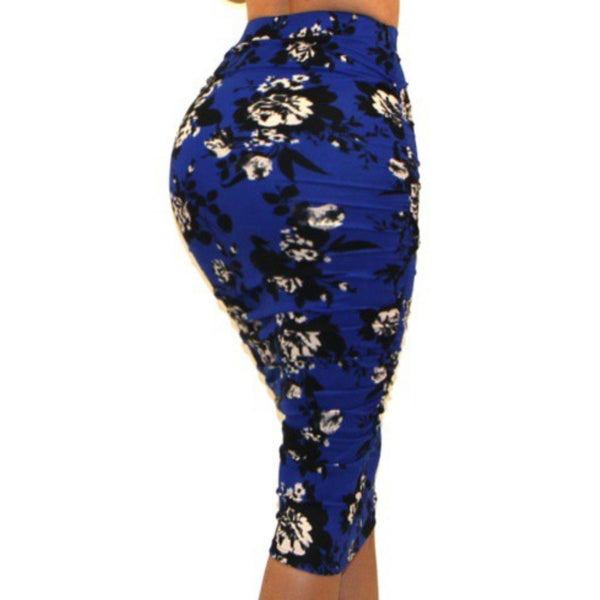 Got Style Royal Blue White Floral Ruched Frill High Waist Mid Calf Casual Pencil Skirt