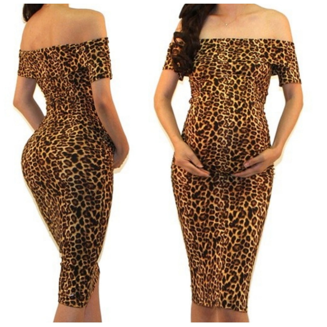 Got Style Leopard Off Shoulder Ruched Fitted Maternity Midi Dress