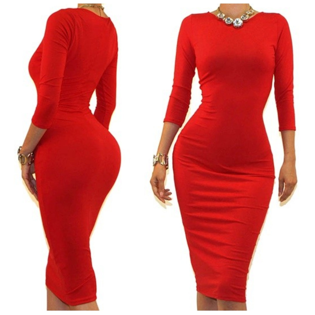 GS Red 3/4 Sleeve Bodycon Party Cocktail Dress