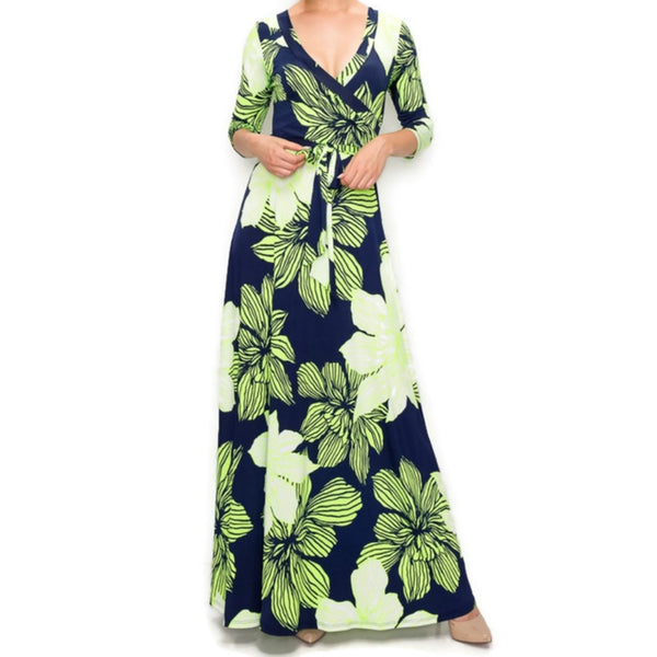 Navy Lime Amaryllis Floral Faux Wrap Maxi Dress
