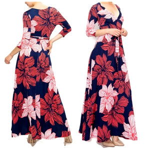 Navy Red Amaryllis Floral Faux Wrap Maxi Dress