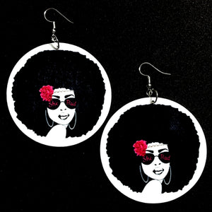 She Bad Afro Sunglasses Pink Flower Statement Dangle Wood Earrings